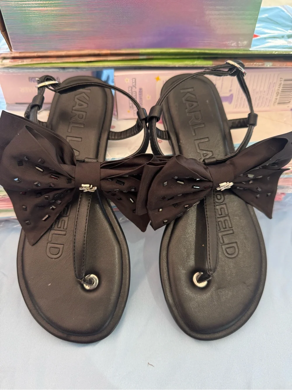 Karl Lagerfeld Black Bow Thong Sandals with Stud Detail